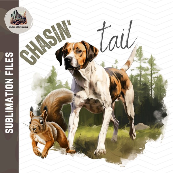 chasing tail sublimation design | Squirrel Hunting png | American Treeing Feist squirrel dog png | watercolor Forest hunting print file