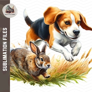 Arte de pared de caza de conejos en acuarela / Beagle PNG / beagle y liebre Diseño de sublimación de caza de conejos / perro de caza recuperando conejo liebre
