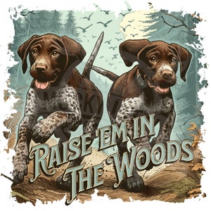 Levante-os na floresta Png | Ponteiro de pêlo curto alemão PNG Raccoon Hunting | Pouco design de cães de caça por sublimação de caça | li'l caçador png