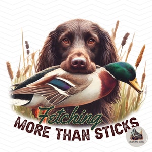 May include: A brown and white hunting dog with a green-headed duck in its mouth. The dog is surrounded by tall grass. The text "Fetching More Than Sticks" is written below the dog.