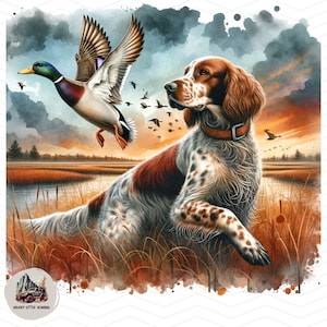 Cena de cachorro de caça ao pato - Sublimação de cachorro Setter Bird - Arte detalhada de perseguição de aves aquáticas para entusiastas de caça e amantes de cães transparente png