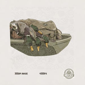 Op de afbeelding: Illustratie van een jachttafereel met eenden in een boot en een rugzak. De eenden hebben groene koppen en gele snavels. De boot en de rugzak zijn in groen- en bruintinten. De afbeelding bevat de tekst "300DPI IMAGE" en "4000PX".