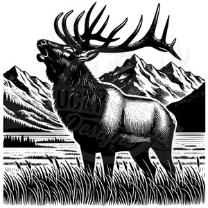 Svg alce macho bramando, alce caza SVG, archivo de corte láser de alce, alce caza SVG, alce macho SVG, alce en las montañas, diseño de caza