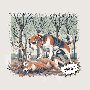 Ciervo y perro png caza de ciervos Diseño de sublimación fondo transparente Caza de ciervos con beagle imagen archivos de impresión imagen de caza de ciervos