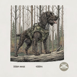 May include: Illustration of a brown dog wearing a camouflage vest, standing on a log in a forest. The dog has its tongue out and is looking to the right. The background features trees and the text "300DPI IMAGE" and "4000PX".