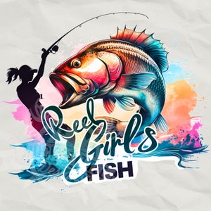 Reel Mädchen Fisch png | Frauen fischen auch png | Mädchen Angeln Sublimation Design | Mädchen beim Angeln, druckbarer transparenter Hintergrund