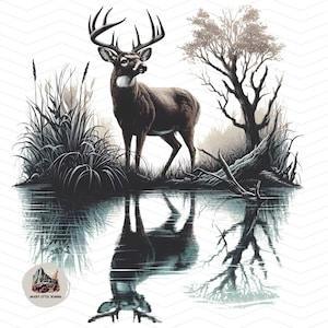 Vintage Deer Hunting PNG: Wilderness Lake Sublimation Design (Digital Download)