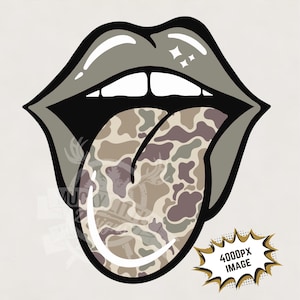 Diseño de camiseta de caza de patos con labios y lengua de camuflaje, PNG, camuflaje de la vieja escuela, PNG, sublimación de camisetas de camuflaje para niñas, sudaderas, tazas y gorras.