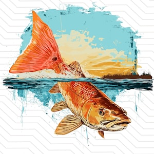 Pez rojo png Redfish png / Redfish svg / pez rojo svg / Redfish Sublimation diseño fondo transparente clipart / Escena del lago Redfish