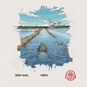 May include: An illustrated scene of a boat on a waterway with ducks flying overhead. The image has a vintage aesthetic, with a blue and tan color palette. The text "300DPI IMAGE" and "4000PX" is visible. The logo for "Mucky Original" is in the bottom right corner.