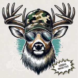 Funny Deer Hunting PNG: Buck in Shades, Camo Cap (Digital Download)