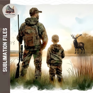 Caza Padre e Hijo Acuarela Caza de Buck / Familia Caza de Ciervos Familia PNG / Elk Hunt Acuarela Ilustración Caza de Ciervos Sublimación