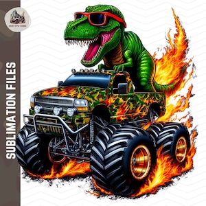 camion monstre T Rex PNG | Camion monstre png | Sublimation de conception de camion de monstre de dinosaure de T rex pour des enfants | Camion camouflage flamboyant