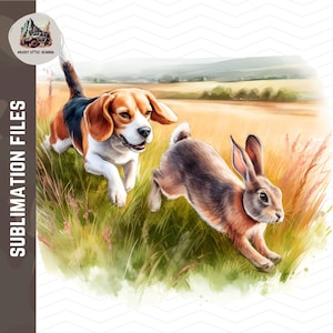 Beagle PNG | beagle et lièvre Rabbit Hunting Sublimation design | Art mural de chasse au lapin aquarelle | Gibier à plumes récupérant un lièvre lapin
