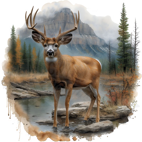 deer mountains png | Deer scene png | buck in forest png | Deer woods sublimation design | Deer Hunting png | Buck deer wilderness png file