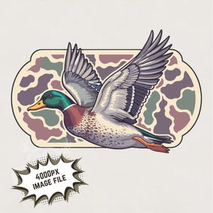 Pato real volador de camuflaje retro PNG, sublimación de caza de patos, cazador de patos png, ánade real png, archivo de imagen de sublimación de caza Descarga digital