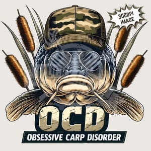 Diseño de sublimación de pesca de carpas divertidas / camiseta de pesca divertida png, carpa con gorra de béisbol png archivo de impresión de imagen de 300 dpi Trastorno obsesivo de la carpa