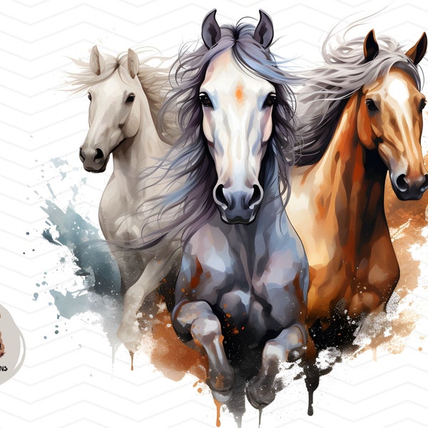 Watercolor horse art | 3 horses Png sublimation horse transfer | Digital Downloads hand drawn horses mustang paint pony horse printable art