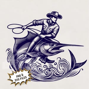 Vaquero con marlín png Marlín png pesca en alta mar Diseño de sublimación fondo transparente clipart dtg dtf archivos de impresión pescador de mar