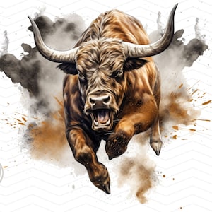 Aquarelle de taureau PNG | Impression DTG | Téléchargement instantané | Téléchargement de fichier numérique pour sublimation de t-shirt Taureau l Bull art agressif chargeant Bull