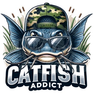 Adicto al bagre png / Diseño de sublimación de pesca de bagre divertido / Camisa de pesca de bagre azul png / pez divertido png / Gorra hacia atrás de bagre png