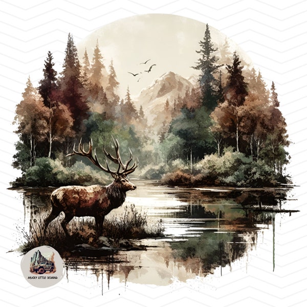 watercolor Wilderness Png Deer Forest Lake png Deer Hunting png sublimation design shirt Outdoors png, deer hunting forest scene  sublimate