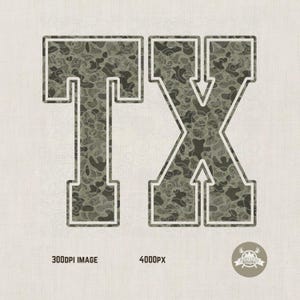 May include: The letters "TX" are presented in a collegiate style, featuring a camouflage pattern within a white outline. The background is a light beige with a subtle design. The image also includes the text "300DPI IMAGE" and "4000PX".