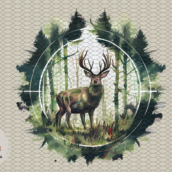 Deer in crosshairs Hunting sublimation design for shirt Stag buck transparent background clipart dtg dtf print file Forest hunting clipart