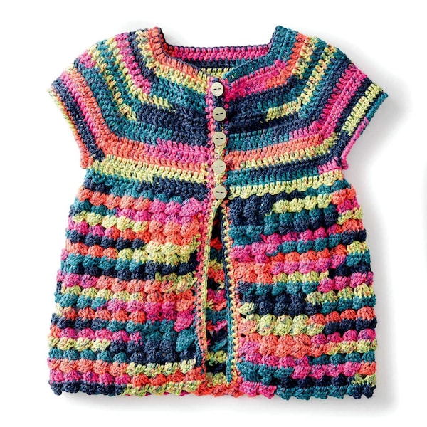 Crochet Pattern PDF Simple Girls Cardigan 4-10yrs Worsted DK 8ply Stripes Easy Simple Top Vintage Jacket Sweater Sleeveless Yoke Summer Lace