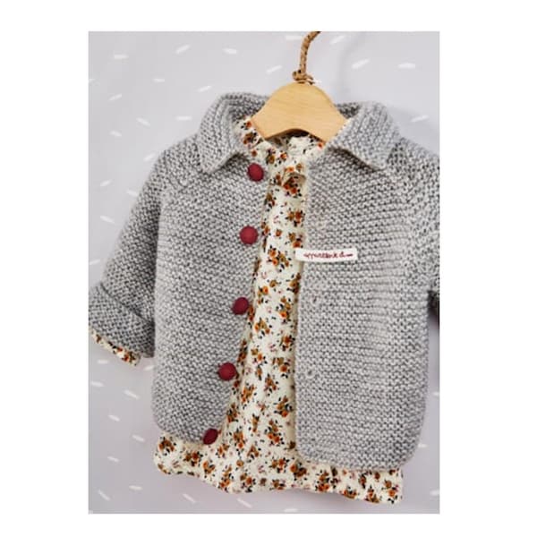 Modèle de tricot PDF point mousse veste bébé raglan cardigan manteau nouveau-né - 6 mois DK empiècement vintage facile simple débutants PDF à télécharger