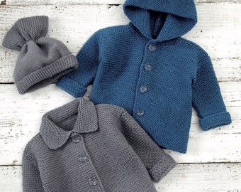 Vintage Knitting Pattern PDF  Baby Jacket Hoodie and Hat Garter Stitch Cardigan Jumper Coat Pram Set Matinee Twins Newborn Boys Girls DK