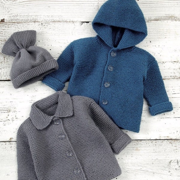 Vintage modèle de tricot PDF bébé veste à capuche et bonnet point mousse cardigan pull manteau landau ensemble matinée jumeaux nouveau-né garçons filles DK