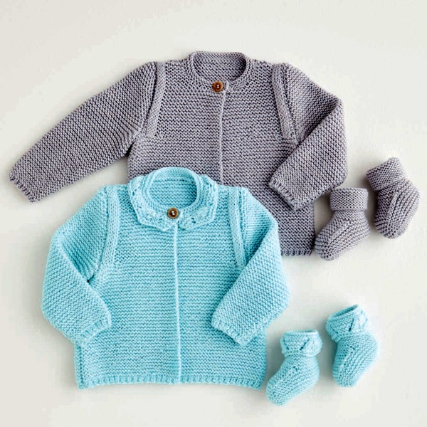 Knitting Pattern PDF  Baby Toddler Girls Boys Cardigan and Booties Newborn - 2yrs  DK Worsted Ruffle Collar Round Jacket Coat Vintage