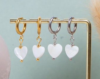 Mother-of-pearl heart earring, dangling earring.