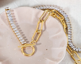Mix-Halskette mit großer Kette und weißen Zirkonen