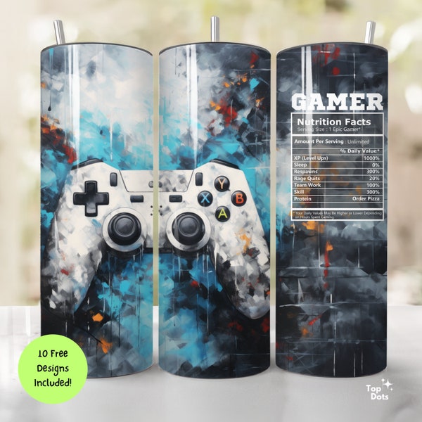 Gaming Tumbler Wrap, 20 oz Gamer Controller Decal PNG for Sublimation, Straight & Tapered Seamless Gamer Art Design Download for DIY Craft
