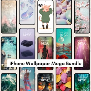 Puede incluir: Una colección de 12 fondos de pantalla para iPhone con una variedad de diseños, que incluyen abstractos, de naturaleza y anime. Los fondos de pantalla se muestran en una cuadrícula de pantallas de teléfono, cada una con un reloj digital que muestra la hora 14:56.