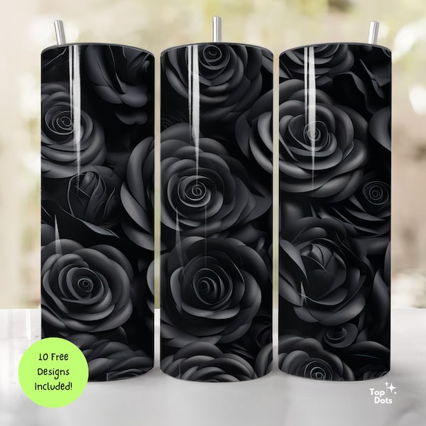 3D Floral Tumbler Wrap, 20 oz Black Roses PNG Design for Sublimation, Straight & Tapered Instant Download Noir Rose Bloom Art for DIY Craft