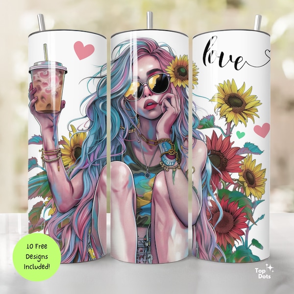 Boho Chic Tumbler Wrap, 20 oz Floral Sunflower PNG for Sublimation, Straight & Tapered Seamless Hipster Girl Summer Design for DIY Craft