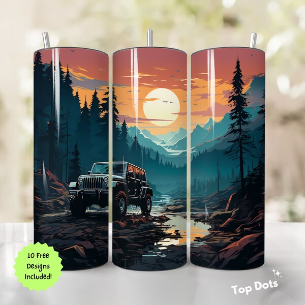 Off the Road Retro Jeep 20 oz Tumbler Wrap, Herbst Abenteuer Sublimation Nahtlose PNG, Gerade und Konisch, Sofortiger Download, Handwerk, DIY