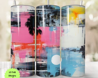 Abstract Tumbler Wrap, 20 oz Palm Trees and Moon Art Colorful Pastels PNG for Sublimation, Seamless Straight & Tapered Vibrant Artist Wrap