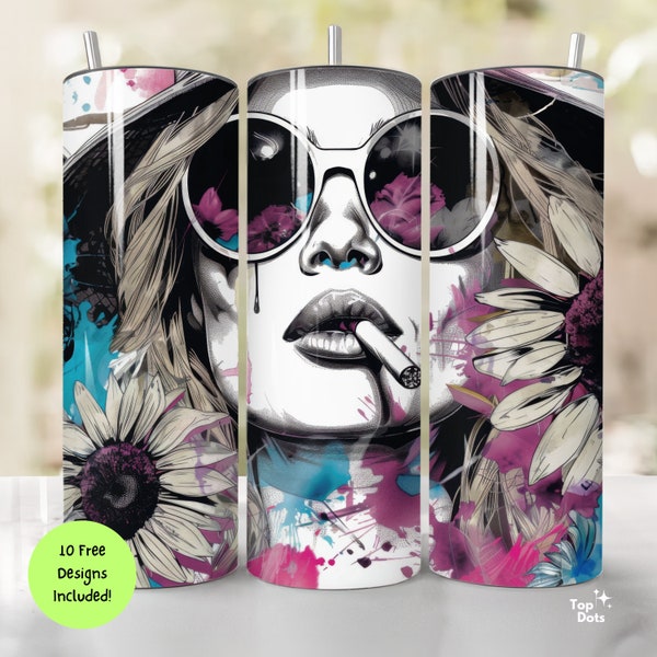 Girl Tumbler Wrap, 20oz Boho Chic Floral Badass Bitch PNG for Sublimation, Straight & Tapered Grunge Urban Style Design for DIY Craft