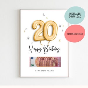 Presente em dinheiro | Presente de aniversário de 20 anos | Presente de aniversário para imprimir | Seu primeiro milhão | Cartazes | Customizável