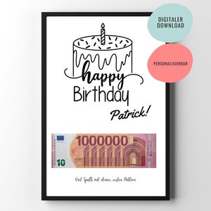 Geburtstagsgeschenk | Geldgeschenk zum Geburtstag | Deine erste Million  | digitale Datei Poster | mit Namen personalisiert
