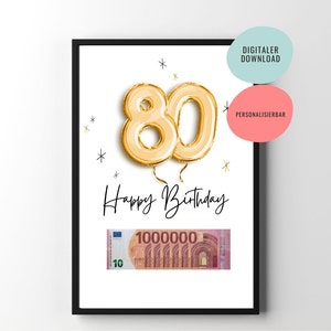 お金の贈り物 | 80歳の誕生日プレゼント |印刷する誕生日プレゼント |記念日 |ポスター |カスタマイズ可能な