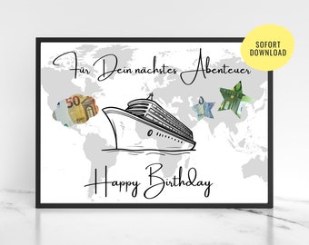 Regalo de dinero para viajes de cumpleaños | dinero para viajes | vacaciones | fondo de viaje | archivo digital | póster | crucero | barco | Feliz cumpleaños | pdf