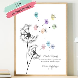 May include: A framed print featuring a black and white dandelion illustration with colorful floating seeds, each labeled with a name. Text at the bottom reads "Danke Mandy" and "Deine Luftgruppe 2025". The words "PDF personalisiert" are at the top.