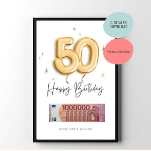 geldgeschenk | 50e verjaardagscadeau | Afdrukbaar verjaardagscadeau | Je eerste miljoen | Affiches | personaliseerbaar