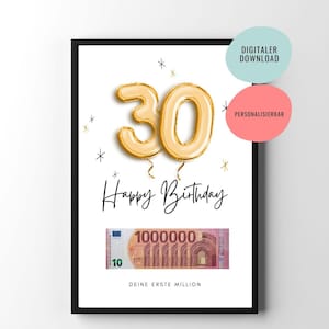 geldgeschenk | 30e verjaardagscadeau | Afdrukbaar verjaardagscadeau | Je eerste miljoen | Affiches | personaliseerbaar
