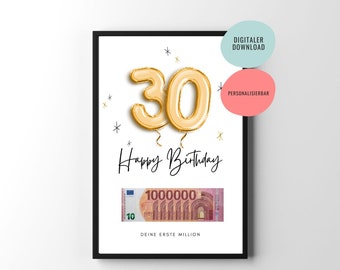 Cash gift | 30th birthday gift | Printable birthday gift | Your first million | Poster | Customizable